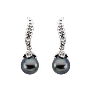 Black Akoya Cultured Pearl & Diamond Dangle Earrings in 14k White Gold