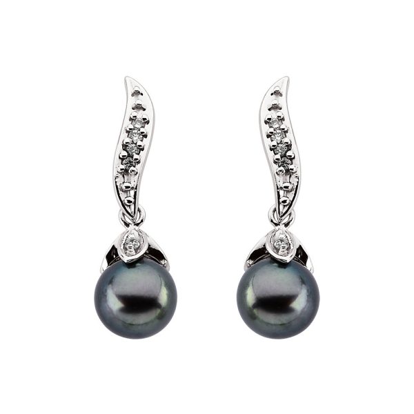 Black Akoya Cultured Pearl & Diamond Dangle Earrings in 14k White Gold