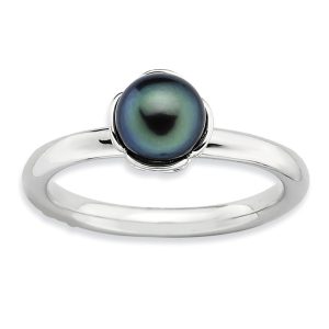 Black FW Cultured Pearl & Sterling Silver Stackable Ring, Size 5