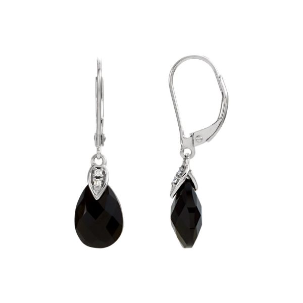 Black Onyx Briolette & Diamond Lever Back Earrings in 14k White Gold