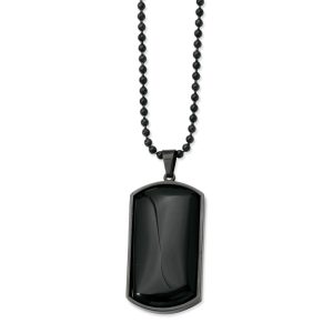 Black Plated Stainless Steel and Black Agate Dog Tag Necklace 30 Inch