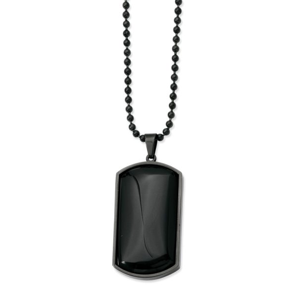 Black Plated Stainless Steel and Black Agate Dog Tag Necklace 30 Inch