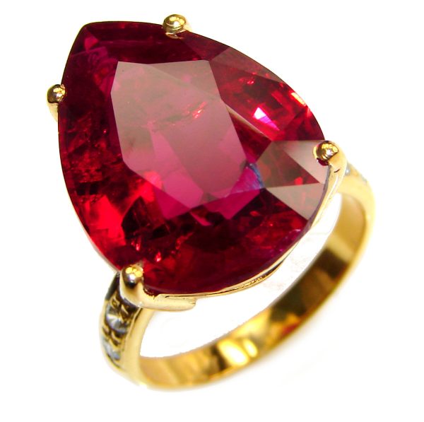 Blood Red glass filled Ruby 18K Gold over .925 Sterling Silver handcrafted Statement Ring size 6 1/4