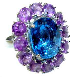 Blue Dream 17.5 carat Topaz .925 Silver handcrafted Huge Cocktail Ring s. 7