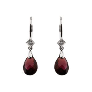 Brazilian Garnet Briolette & Diamond 14k White Gold Leverback Earrings