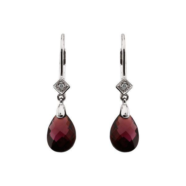 Brazilian Garnet Briolette & Diamond 14k White Gold Leverback Earrings