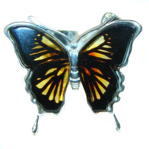 Butterfly Authentic Baltic Amber .925 Sterling Silver handcrafted ring; s. 8 adjustable