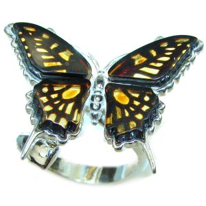 Butterfly Authentic Baltic Amber .925 Sterling Silver handcrafted ring; s. 8 adjustable