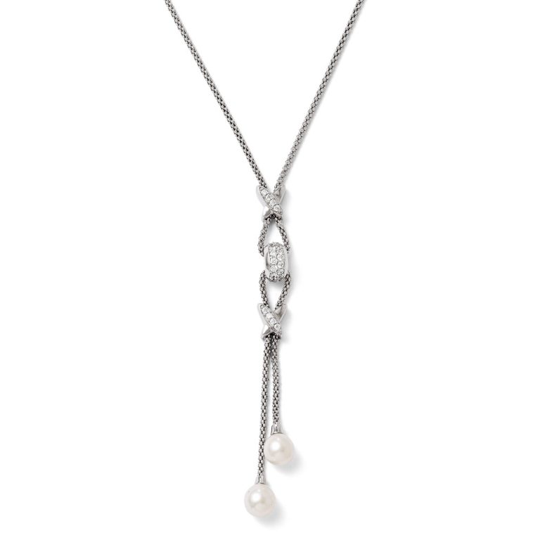 CZ and Freshwater Cultured Pearl Drop Necklace in Sterling Silver