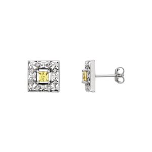 Canary Yellow Sapphire & Diamond 14k White Gold Square Post Earrings