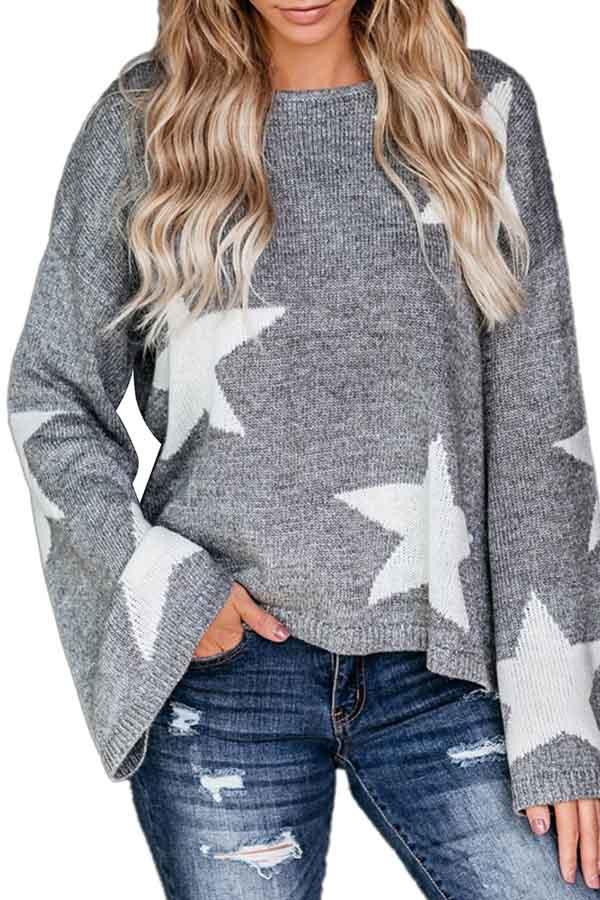 Casual Bell Sleeve Star Print Pullover Sweater