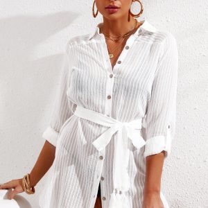 Casual Long Sleeve Striped Shirt Dress Beach Swimsuit Cover Ups with Belt