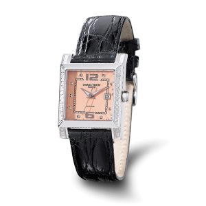 Charles Hubert Ladies 0.42ct. Dia Blk Band Peach 29x28mm Dial Watch