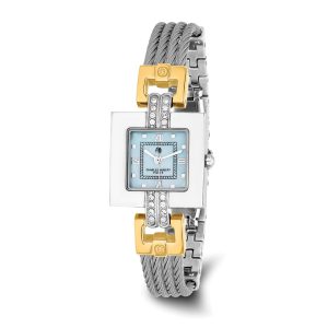 Charles Hubert Ladies 2-Tone MOP Dial Stnlss Stl Wire Bangle Watch