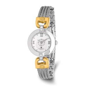 Charles Hubert Ladies 2-tone Stnlss Stl Wire Bangle Silver Dial Watch