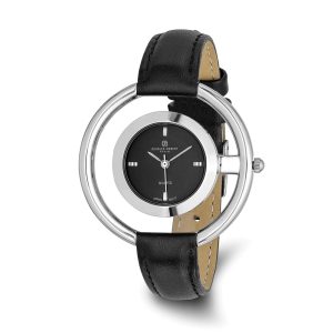 Charles Hubert Ladies Chrome Finish Black Dial Modern Circle Watch