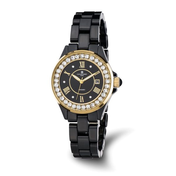 Charles Hubert Ladies Crystal Bezel Black Ceramic Watch