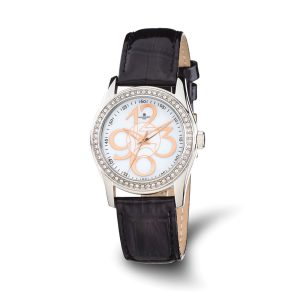 Charles Hubert Ladies Crystal Bezel Black Leather Watch