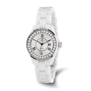 Charles Hubert Ladies Crystal Bezel White Ceramic Watch