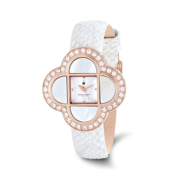 Charles Hubert Ladies IP Rose Stainless White Leather Band 36mm Watch