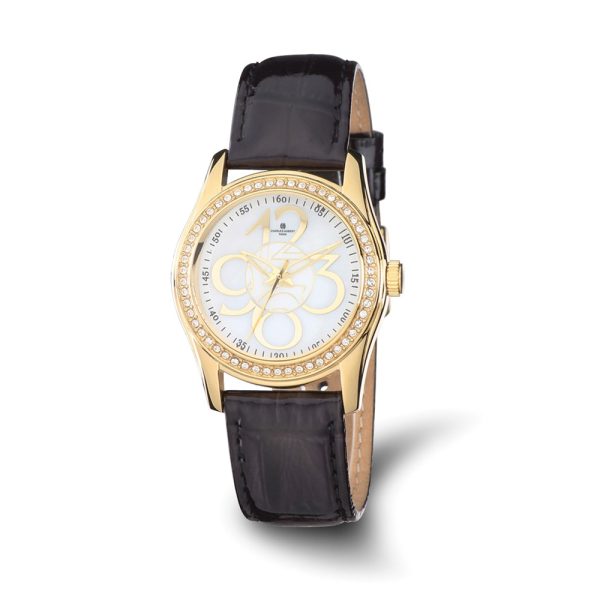 Charles Hubert Ladies IP-plated Crystal Bezel Black Leather Watch