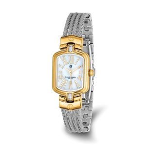 Charles Hubert Ladies IP-plated Stnlss Stl Wire Bangle MOP Dial Watch