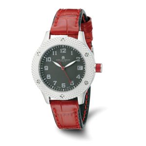 Charles Hubert Ladies Stainless Steel Black Dial Red Leather Watch