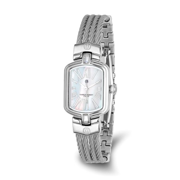 Charles Hubert Ladies Stainless Steel Wire Bangle White MOP Dial Watch