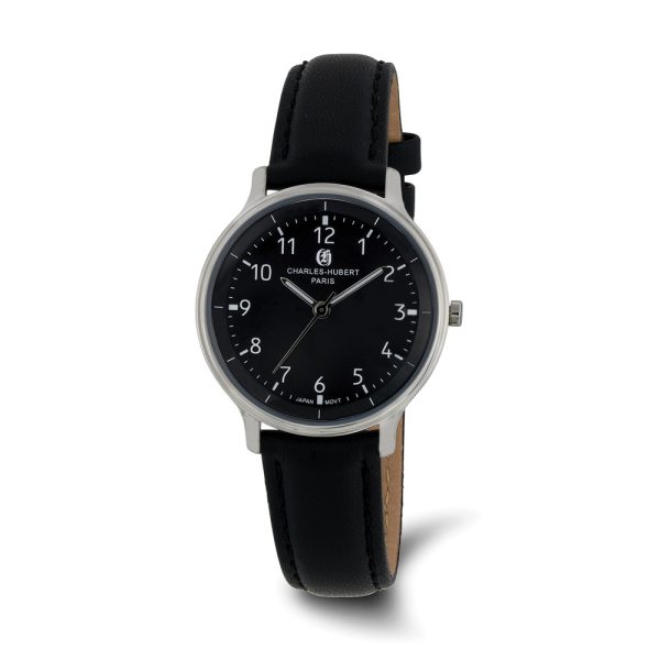 Charles Hubert Ladies Stainless Steel & Leather Black Dial Watch