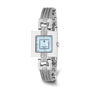 Charles Hubert Ladies Stnlss Stl Wire Bangle Light Blue MOP Dial Watch