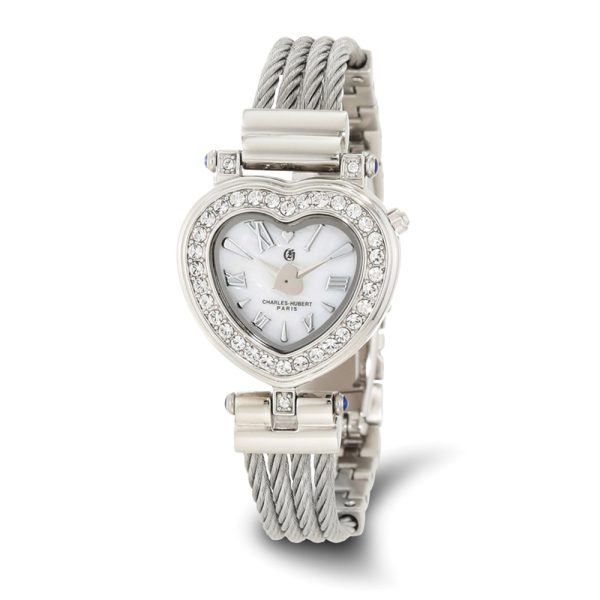 Charles Hubert Ladies Stnlss Stl Wire Bangle Wht MOP Heart Dial Watch