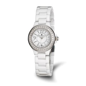 Charles Hubert Ladies White Ceramic Crystal Bezel Watch