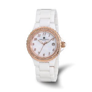 Charles Hubert Ladies White Ceramic Gold Tone MOP & Crystal 38mm Watch