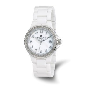 Charles Hubert Ladies White Ceramic MOP & Crystals 38mm Watch