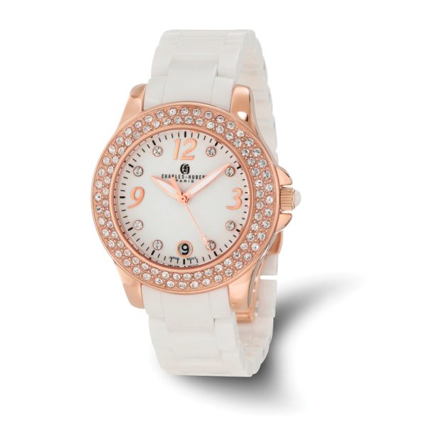 Charles Hubert Ladies White Ceramic, Rose Tone & Crystals 40mm Watch