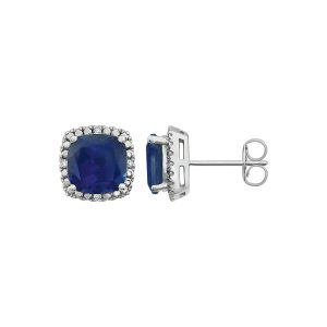 Created Blue Sapphire & Diamond 10mm Earrings in 14k White Gold