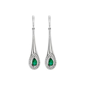 Created Emerald, 1/2 Ctw Diamond & 14k White Gold Teardrop Earrings