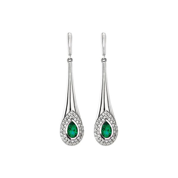 Created Emerald, 1/2 Ctw Diamond & 14k White Gold Teardrop Earrings