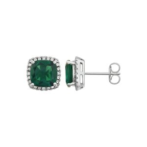 Created Emerald & Diamond 10mm Earrings in 14k White Gold