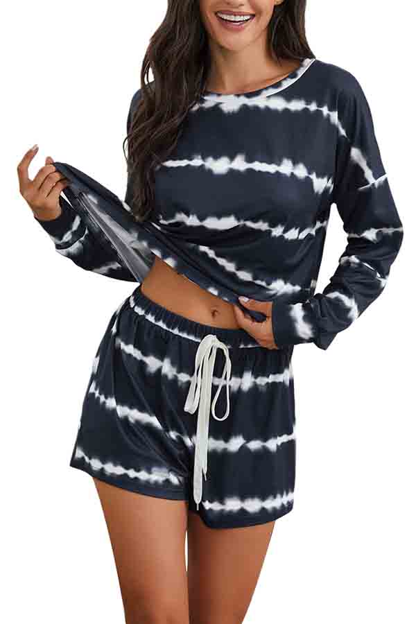 Crew Neck Tie Dye Top High Waisted Shorts Loungewear Black