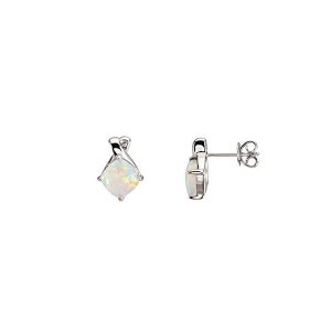 Cushion Cabochon Opal & Diamond Post Earrings in 14k White Gold