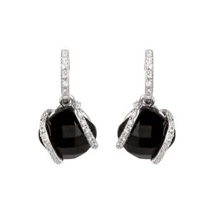 Cushion Lozenge Onyx & Diamond Dangle Earrings in 14k White Gold