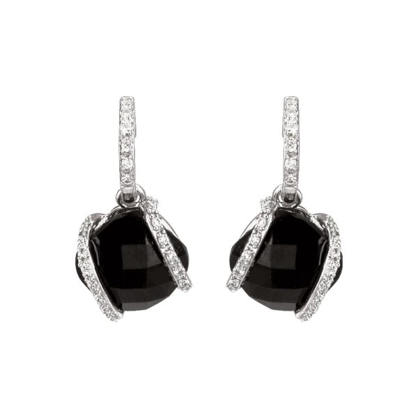 Cushion Lozenge Onyx & Diamond Dangle Earrings in 14k White Gold