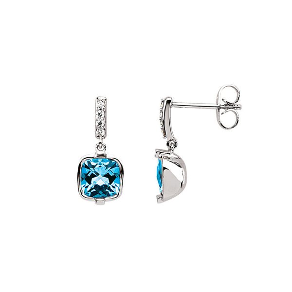 Cushion Swiss Blue Topaz & Diamond 14k White Gold Dangle Post Earrings