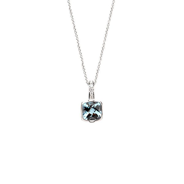 Cushion Swiss Blue Topaz & Diamond 14k White Gold Necklace, 18 Inch