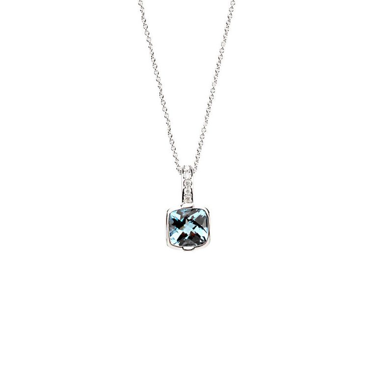 Cushion Swiss Blue Topaz & Diamond 14k White Gold Necklace, 18 Inch