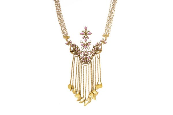 Dhwani Bansal Striking Ihintza Necklace (Pink) in 22k Gold Plated Brass With Light Pink and White Enamel - Pink & White