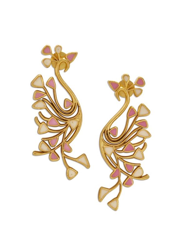 Dhwani Bansal Striking Tayir Earrings in 22k Gold Plated Brass With Light Pink and White Enamel - Multi-Color