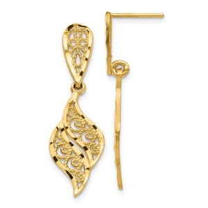 Diamond Cut Filigree Swirl Dangle Post Earrings in 14k Yellow Gold