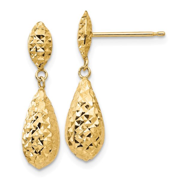 Diamond Cut Puffed Teardrop Dangle Earrings 14k Yellow Gold